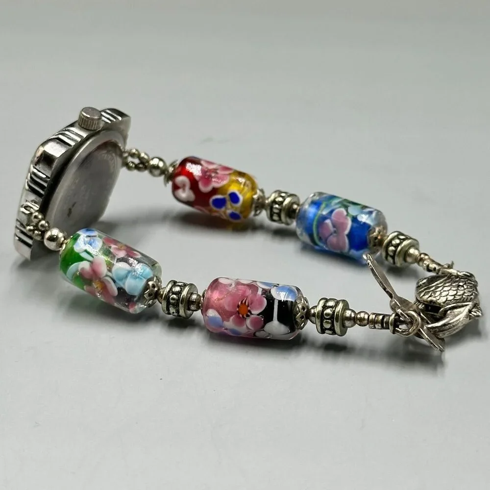 Geneva Watch Women Silver Tone Floral Glass Bead Bracelet New Battery 7 Inch